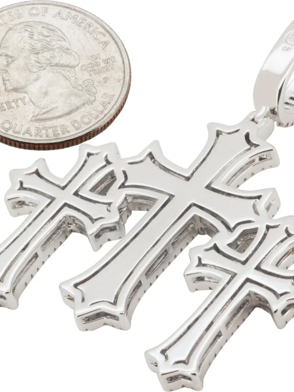 14k Yellow/White Gold Plated AAA CZ Baguette Flared Triple Cross Pendant